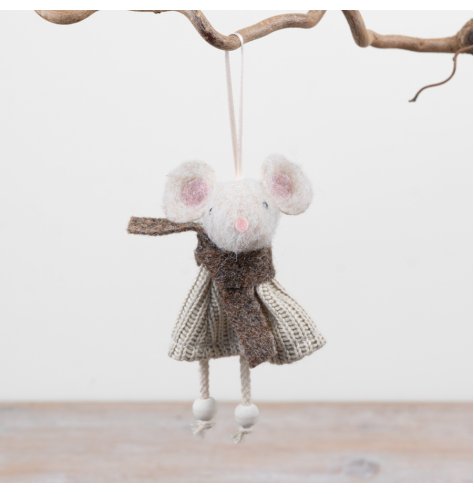 A charming hanging mouse ornament complete with knitted dress, scarf detail and dangling legs.