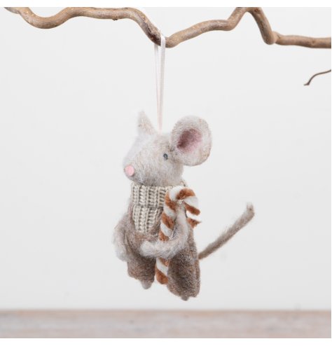 A delightful hanging mouse ornament complete with knitted scarf detailing and a candy cane accessory