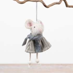 This 15cm hanging mouse ornament is crafted in soft felt with a neutral grey palette