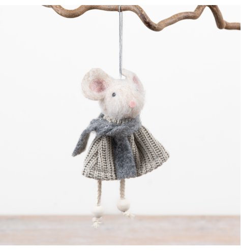 Soft felt mouse ornament with fabric accents, designed with festive seasonal charm for hanging display.