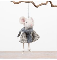 Felt mouse ornament with soft fabric accents and festive seasonal design for hanging display.