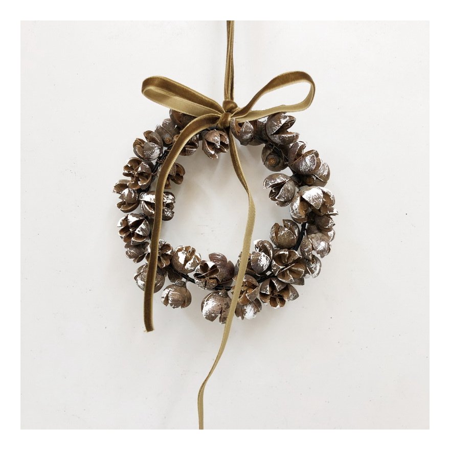 12cm Mini Pinecone Wreath with Gold Ribbon Bow