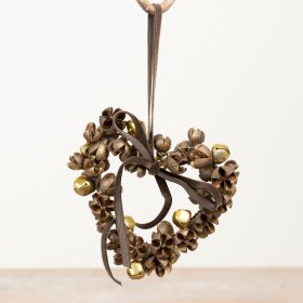 A beautifully crafted heart-shaped hanging decoration made from clusters of antique-gold jingle bells
