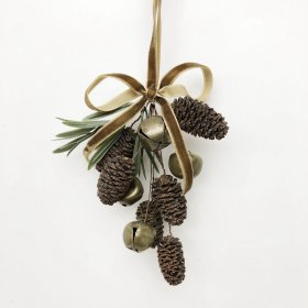 This rustic hanging decoration features a charming cluster of natural-look pinecones and metallic jingle bells