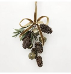 Rustic hanging decor with textured pinecones, aged jingle bells, and delicate faux greenery for a cozy touch.
