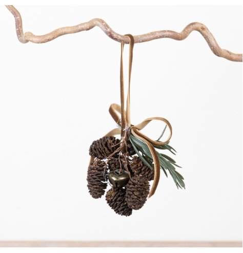 Rustic hanging decor with textured pinecones, softly aged jingle bells, and delicate faux foliage accents.