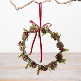 A classic festive wreath featuring natural-look pinecones, glossy red berries and soft green foliage,