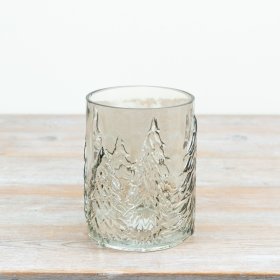 smokey glass candle holder features beautifully embossed Christmas tree silhouettes that wrap around the surface
