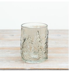 This 16.5cm smokey glass candle holder features embossed Christmas tree detailing that wraps around the glass