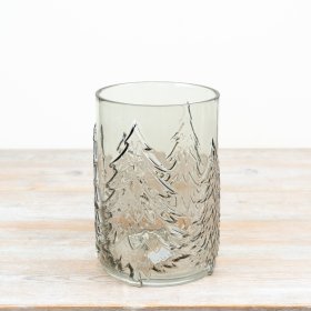 This 22cm smokey glass candle holder features beautifully embossed Christmas tree silhouettes 