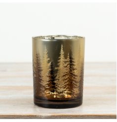 Gold finish with intricate tree design that lets candlelight shine through stunningly.