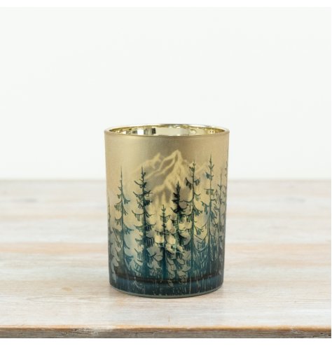 Elegant glass candle holder with gold and green tree design, 