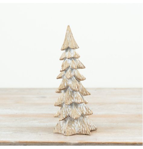 17.5cm decorative tree ornament with carved wood-look and detailed layered branches for a festive touch.