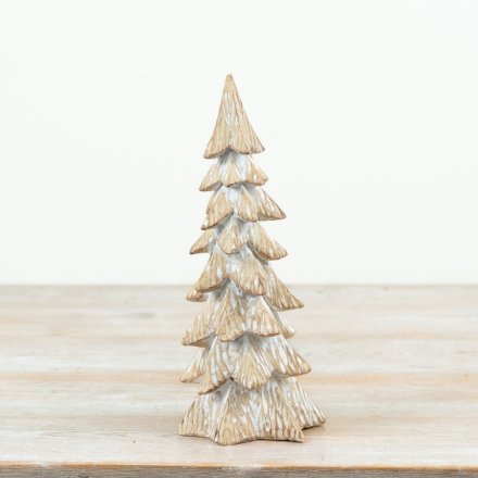 17.5cm decorative tree ornament with carved wood-look and detailed layered branches for a festive touch.