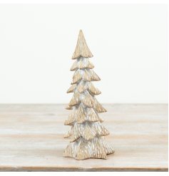 17.5cm tree ornament with carved wood-look and detailed layered branches for a decorative touch.