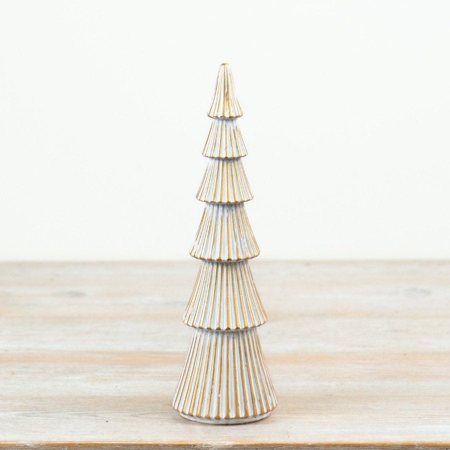 Decorative 25cm tree ornament features a tiered sculptural design crafted from polyresin