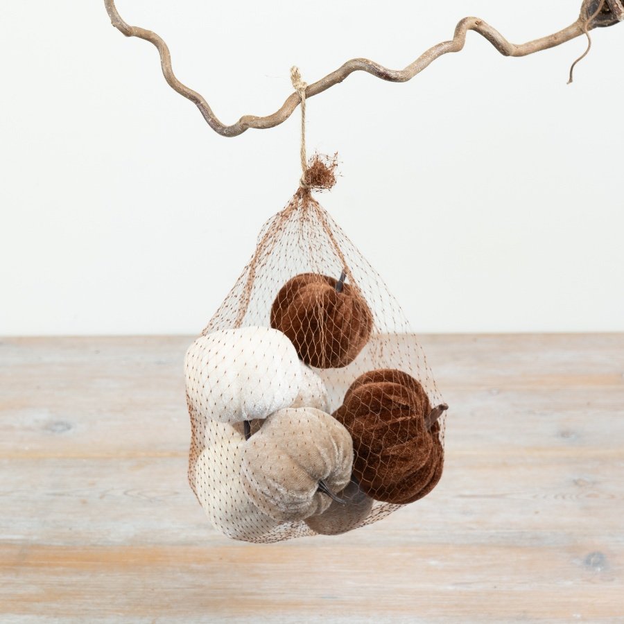 Cozy brown and white pumpkins in a mesh bag, ideal for seasonal decor and autumn charm.
