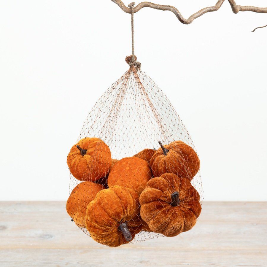 Bring cozy fall vibes to your space with this plush velvet pumpkin in a decorative mesh pouch.