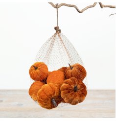 Bring cozy fall vibes to your space with this plush velvet pumpkin in a stylish mesh pouch.