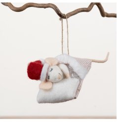 Bring festive cheer to your décor with this charming sleeping mouse hanging ornament.