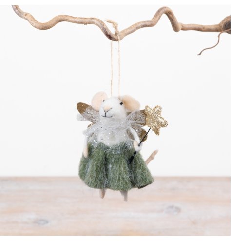 Bring whimsical charm to your seasonal décor with this adorable hanging mouse fairy ornament.