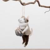 Charming felt-style mouse ornament in a cosy outfit, perfect for hanging on your Christmas tree.