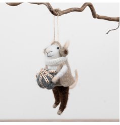 Charming felt-style mouse Christmas ornament, dressed in a cozy outfit and perfect for holiday hanging.