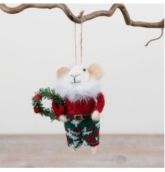 An 11.5cm hanging fabric mouse decoration dressed in seasonal knit-style trousers and a red top