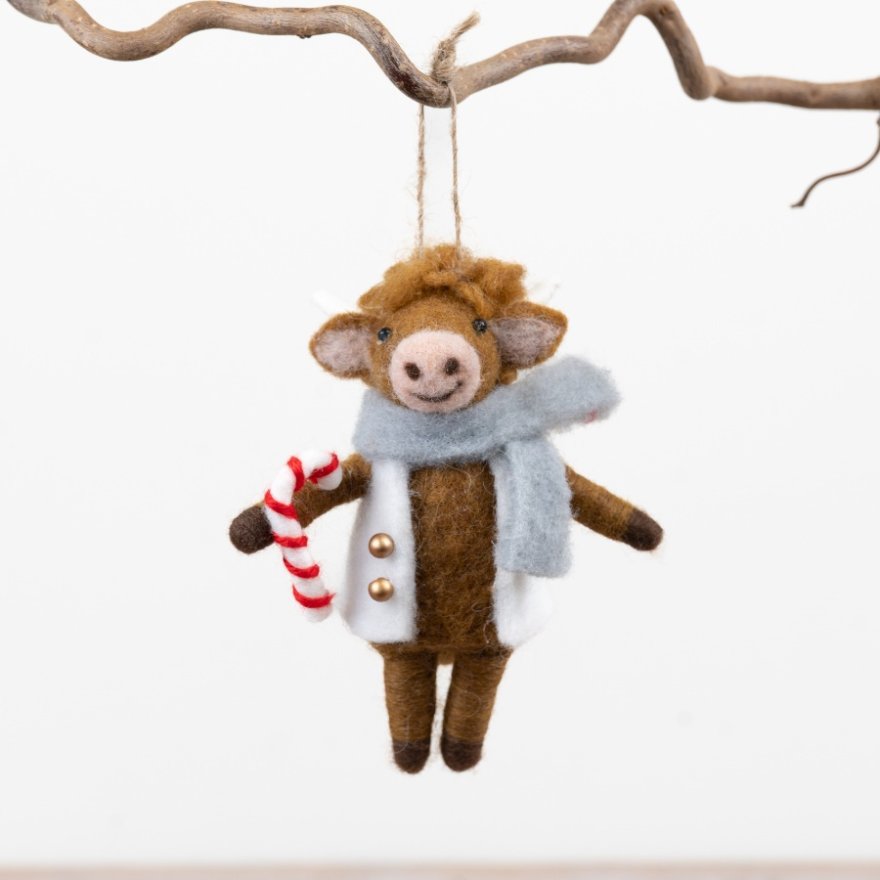 13cm Felt Highland Cow Christmas Decoration