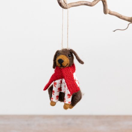 9.5cm Felt Dog Hanger w/ Bow Jumper & Scarf