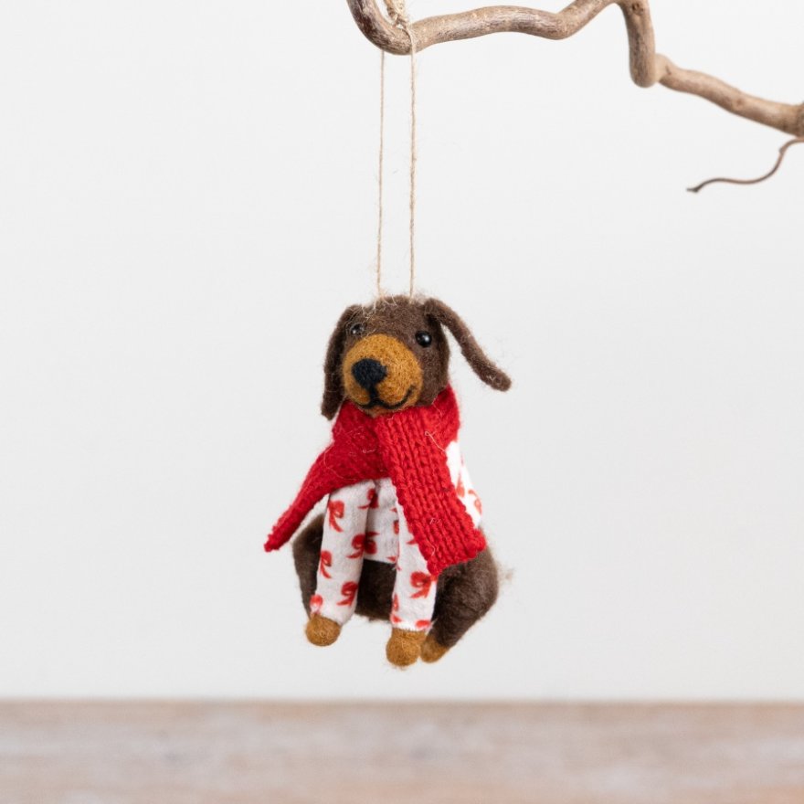 9.5cm Felt Dog Decoration with Red Scarf