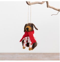 A charming 9.5cm felt dog hanger dressed in a patterned bow jumper and bright red knitted scarf