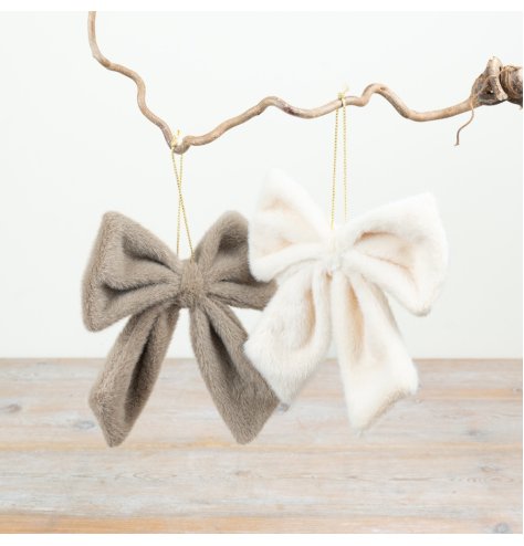 Soft faux fur bow decorations supplied as two assorted colours and complete with hanging strings