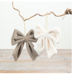 Decorative faux fur fabric bows supplied as two assorted styles and complete with hanging strings.
