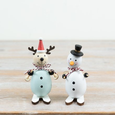 Snowman and Reindeer Skiing Decorations, 9.7cm, 2 Assorted