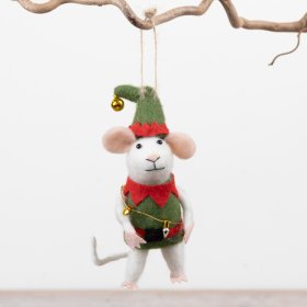 Bring a playful festive character to seasonal displays with this charming felt mouse elf hanging decoration.