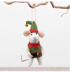 Bring festive cheer with this cute felt mouse elf hanging decoration, perfect for seasonal displays.