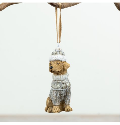 Delightful dog ornament dressed in a jumper and Christmas hat for your tree