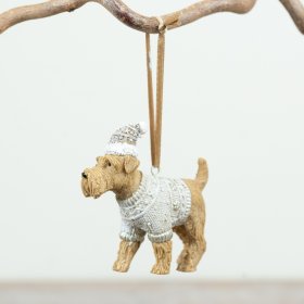 Adorable dog ornament dressed in seasonal jumper and hat with a rustic jute hanging loop