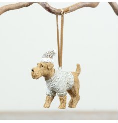 Charming dog in festive jumper and hat tree hanger with natural jute loop