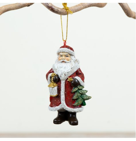 Bring a cosy, traditional festive touch with this delightful red and green Santa tree hanger