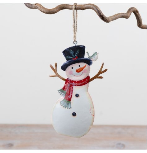 A delightful metal snowman hanging ornament.