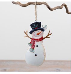 A delightful metal snowman hanging ornament.