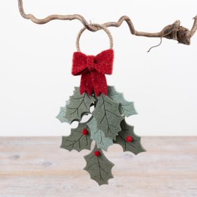 Classic felt holly decoration featuring a festive bow, perfect for hanging.