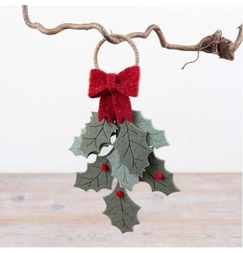 Classic felt holly decoration with a festive bow hanger.
