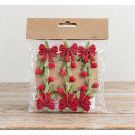 PK 6 Felt Mistletoe Leaf with Bow Style Wooden Clip, 3cm 