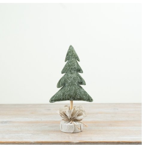A festive felt Christmas tree mounted on a wooden stem with a fabric-wrapped base.