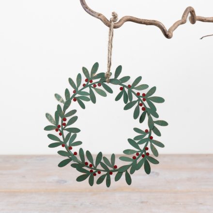 Metal Red Berries Wreath, 16cm 
