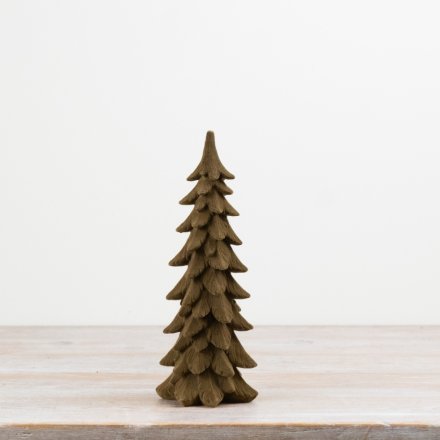 Resin decorative tree with carved wood-effect detailing and a soft flocked finish. 