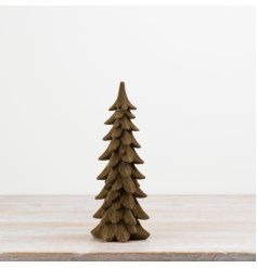 Resin decorative tree with carved wood-effect detailing and a soft flocked finish. 
